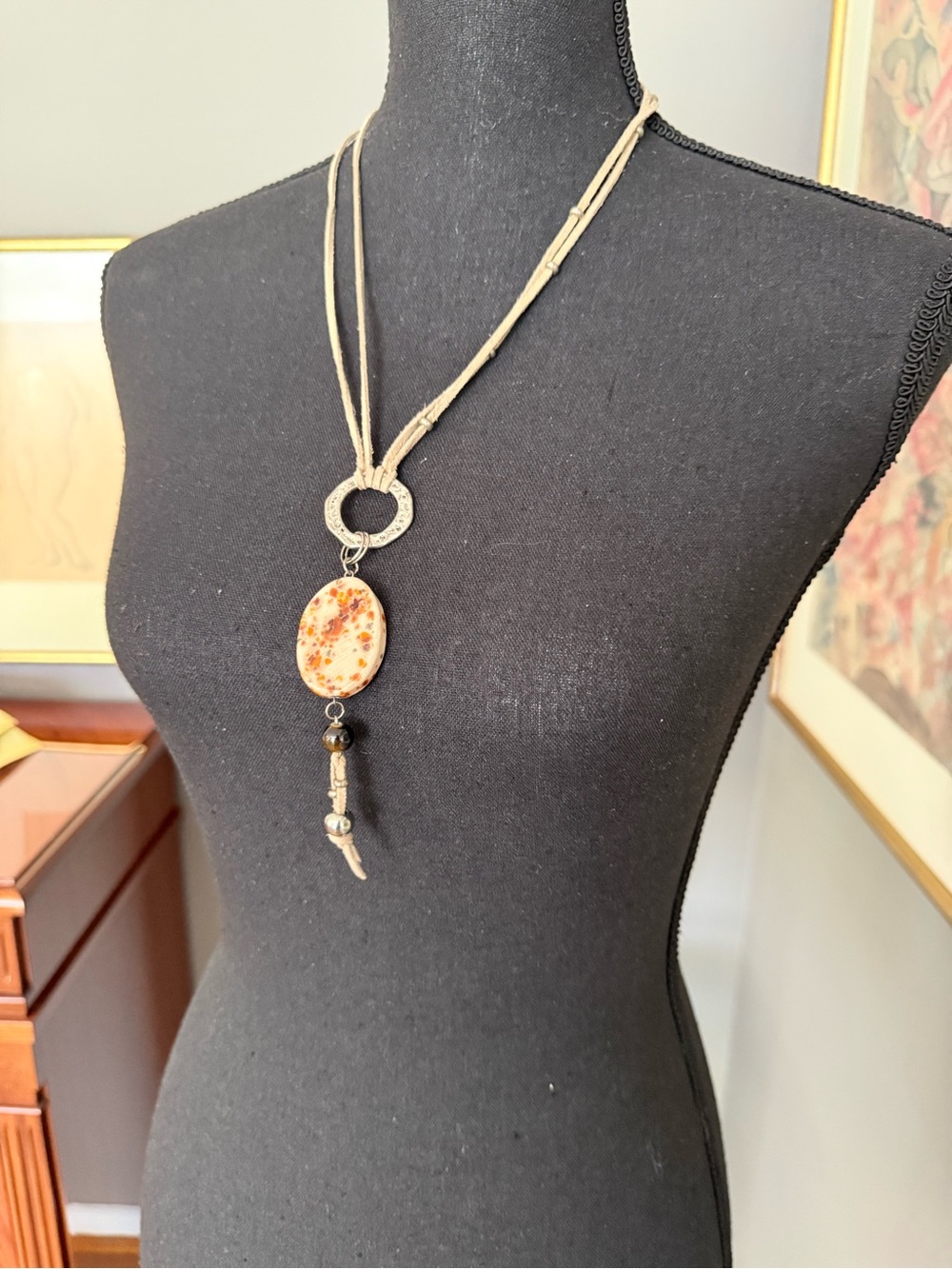 Beige Cord Lariat Necklace with Speckled Brown Stone Pendant